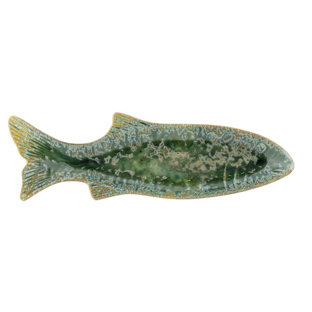 Bloomingville Hadden Servierplatte Grün Steingut Fischform mediterran 42cm