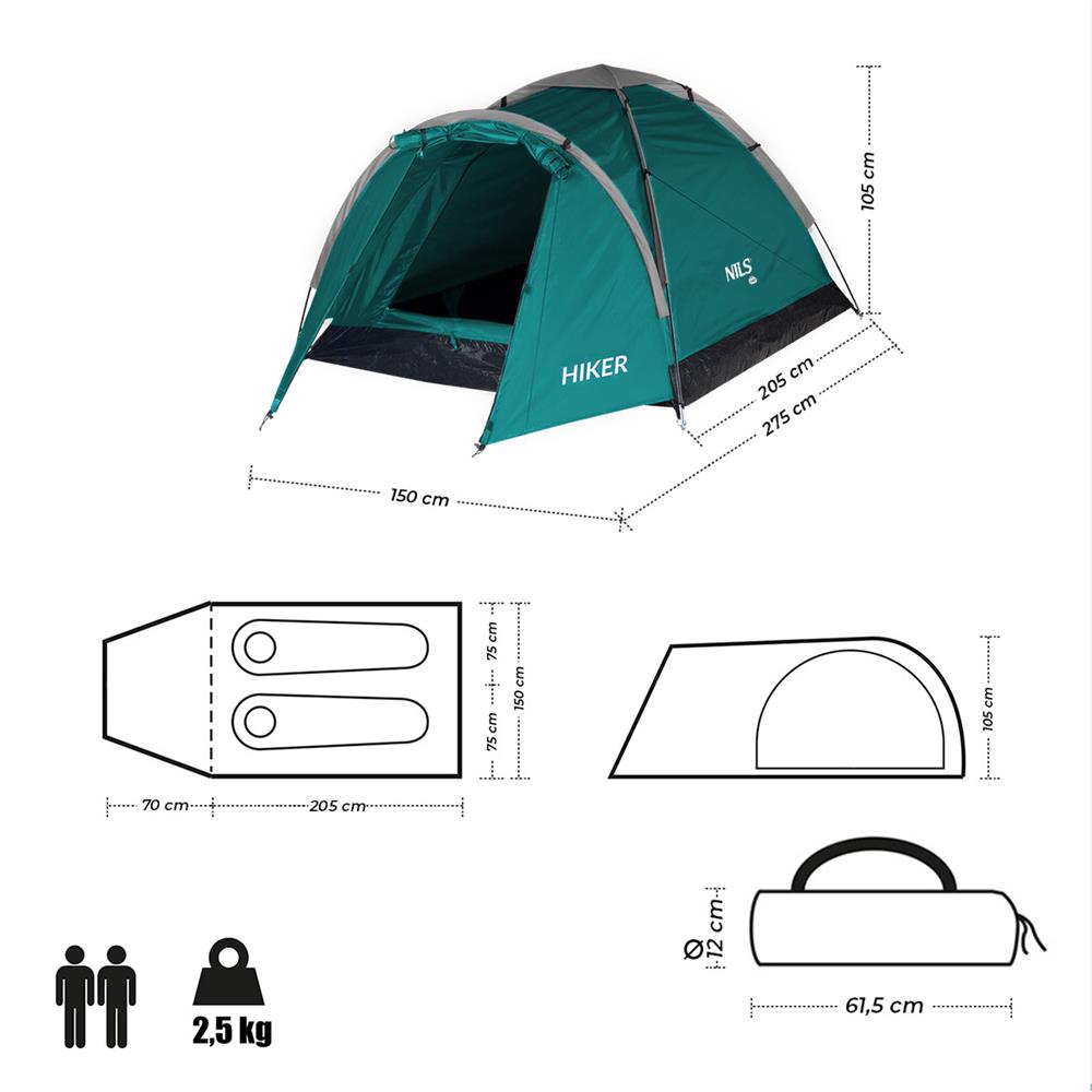 NILS CAMP Hiker Zelt für 2 Personen in Grün - kompaktes Campingzelt mit Vorraum für Camping & Outdoor