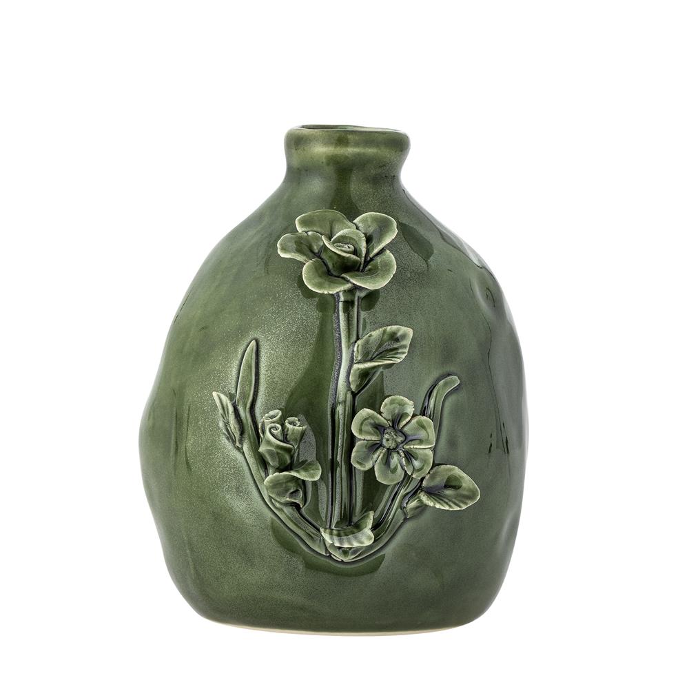 Bloomingville Ramia Vase grün - Steingut Vase mit Blumenrelief für Wohnzimmer & Dekoration