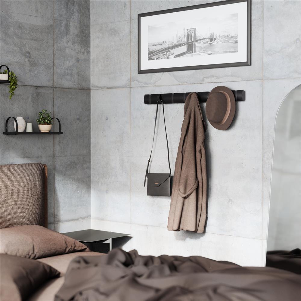 Umbra Flip Wandgarderobe, Garderobenleiste in Schwarz, mit 8 beweglichen Haken in Schwarz