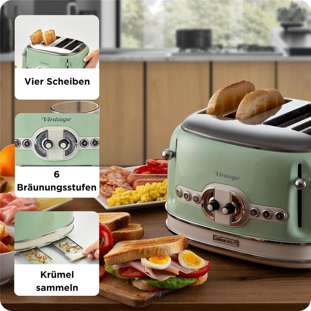 Ariete Vintage Toaster, Grün, 4-Scheiben-Toaster mit 6 Bräunungsstufen, 1600W