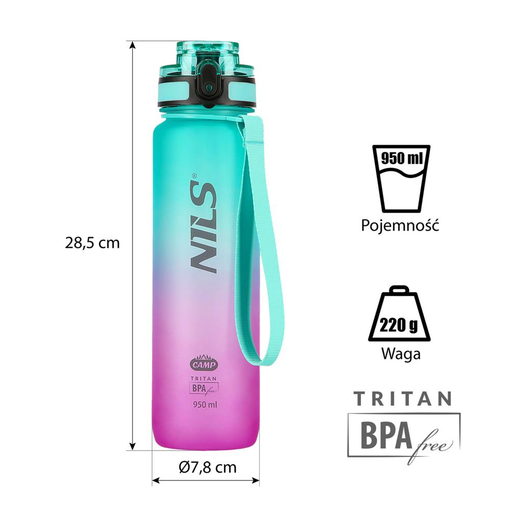 NILS CAMP Trinkflasche Tritan 950 ml türkis-pink mit Fruchteinsatz für Sport Outdoor