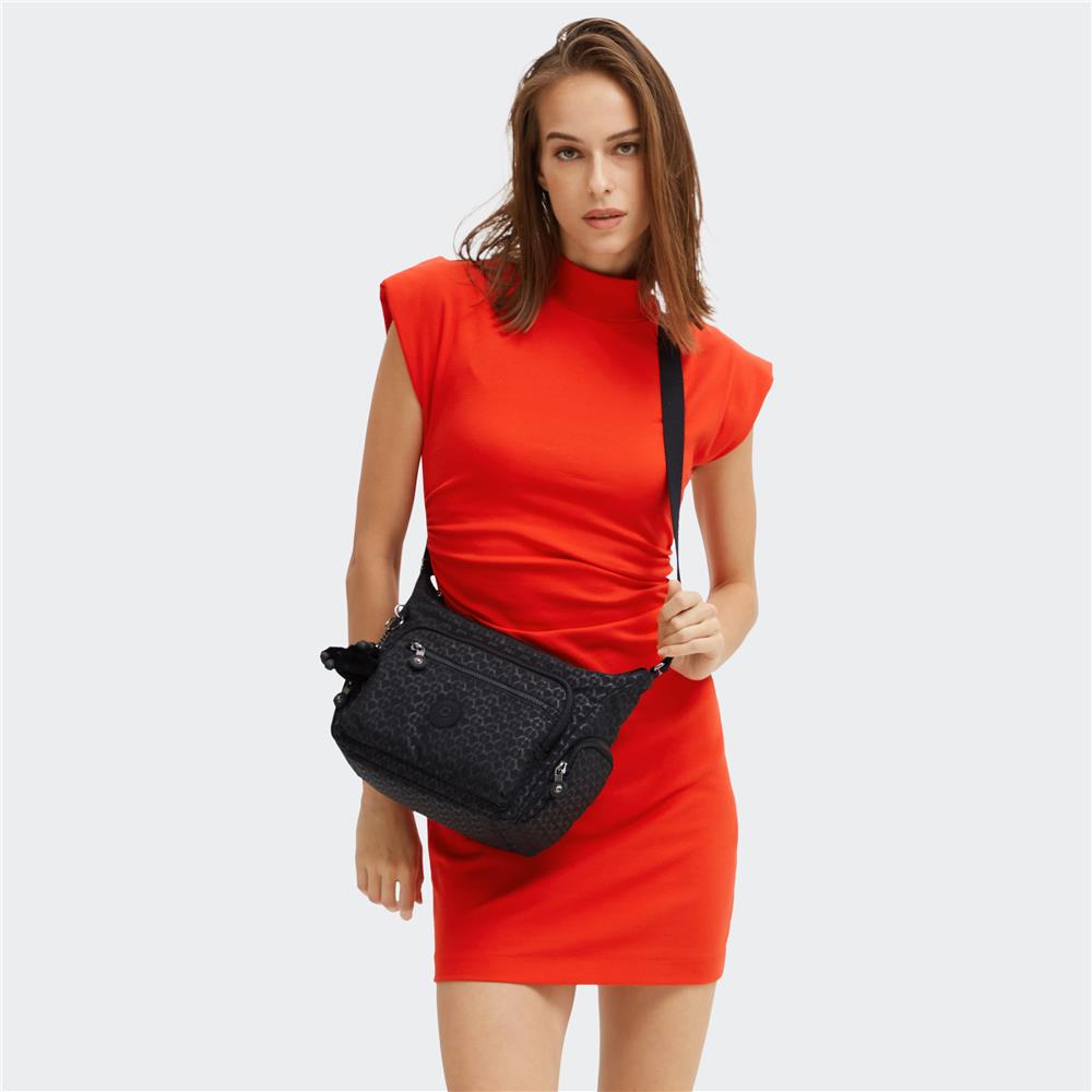 Kipling GABBIE S, Kleine Umhängetasche, Signature Emb (schwarz), Schultertasche mit vielen Fächern