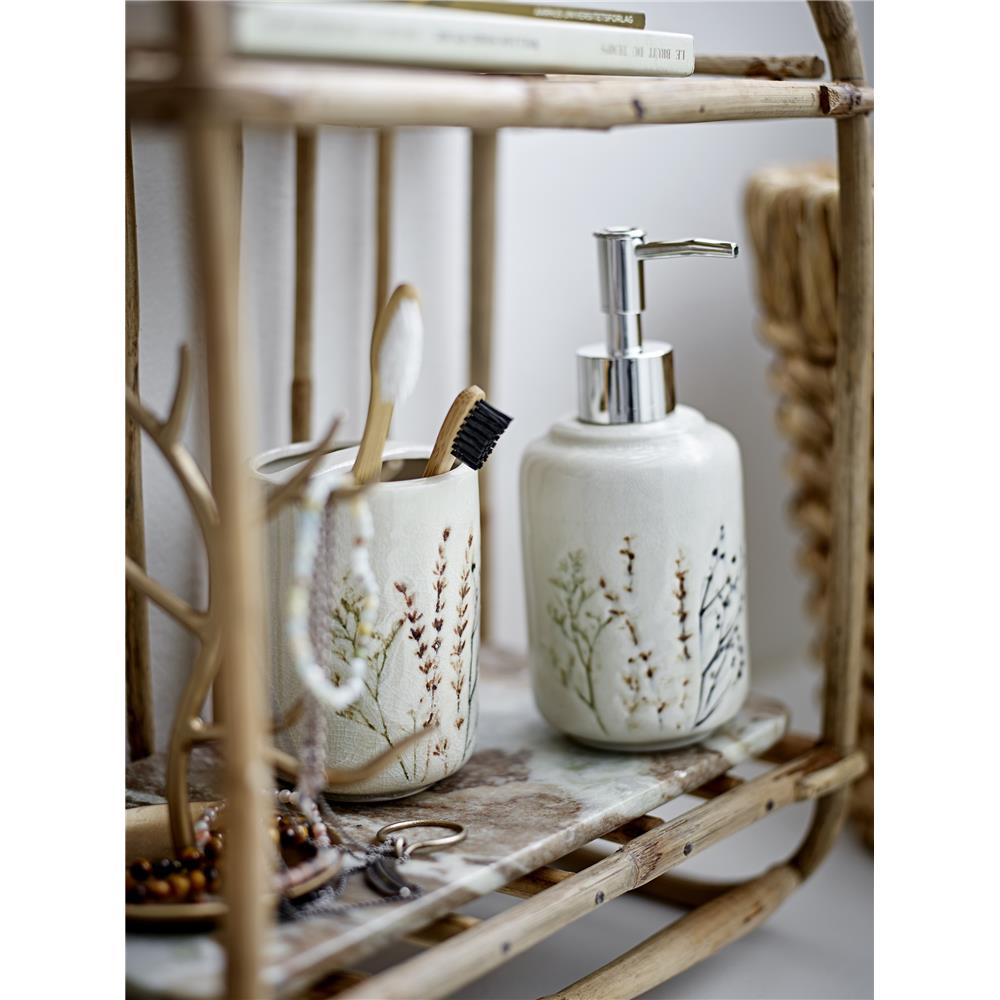 Bloomingville Bea Seifenspender und Zahnbürstenhalter, Natur, Steingut, mit Blumenmotiv, dänisches Design