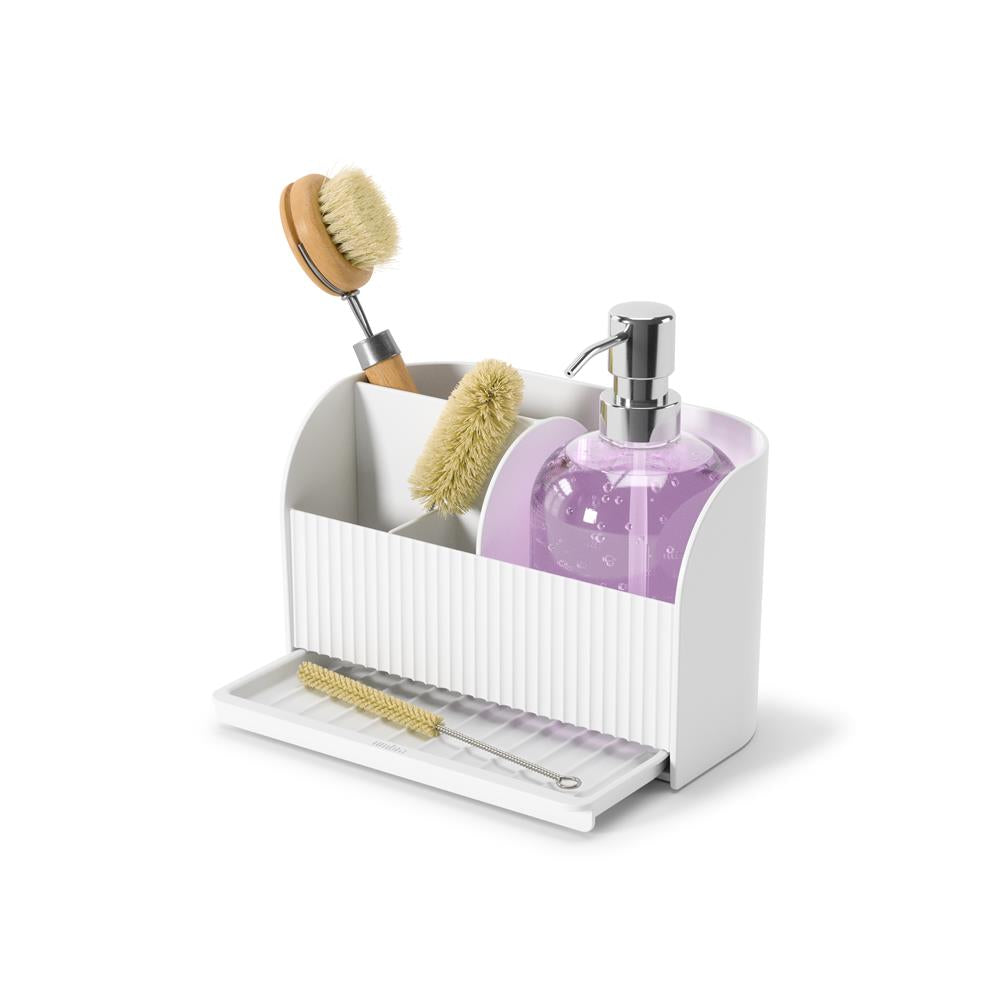 Umbra Sling Spülbecken Caddy mit Seifenspender, 17x21x18cm, Organizer in Weiß für Küche