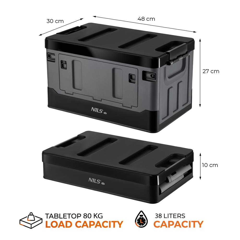 NILS CAMP Transportbox 38L Grau-Schwarz - klappbare Campingbox für Camping, Auto & Haushalt