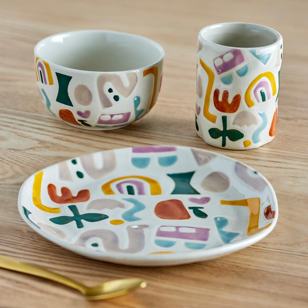Bloomingville MINI Filur Geschirr Set 3-teilig bunt - Steingut Kindergeschirr mit Regenbogen Motiv