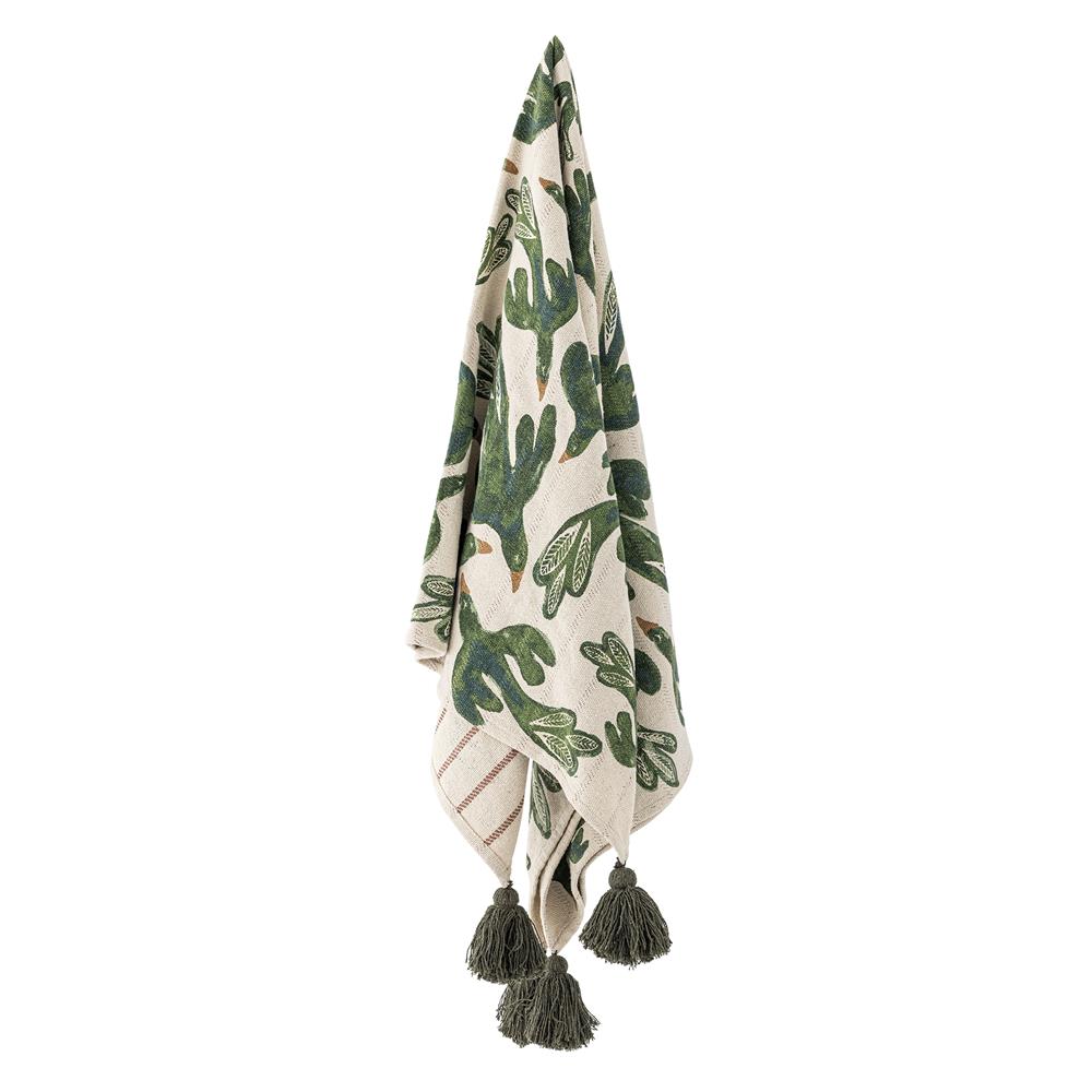 Bloomingville Birdliva Wohndecke Vogelmotiv 160 x 130 cm mit recycelter Baumwolle mit Quasten