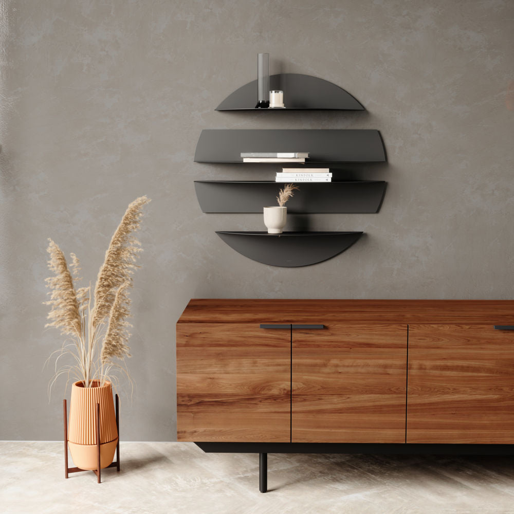Umbra Solis Wandregal in Schwarz, rundes Metallregal mit 4 separaten Ablageelementen