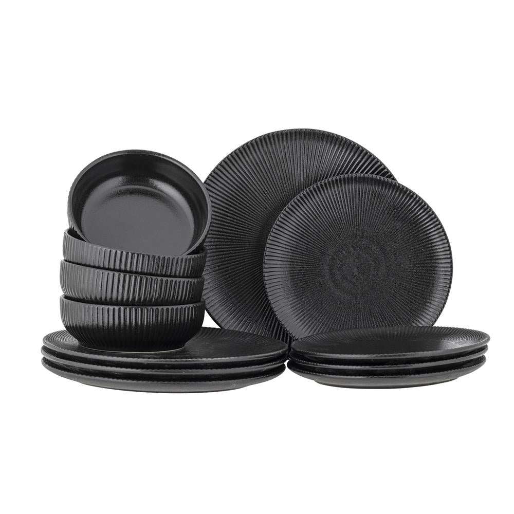 Bloomingville Neri Geschirrset Schwarz – 12-tlg., Steingut, skandinavisches Design mit Rillenstruktur