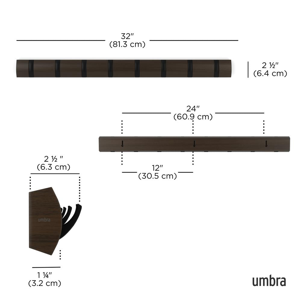 Umbra Flip Wandgarderobe, Garderobenleiste in Walnuss, mit 8 beweglichen Haken in Schwarz