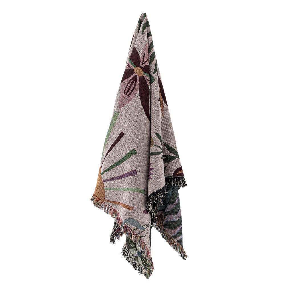 Bloomingville Yash Decke 160x130 cm bunt - Plaid aus recycelter Baumwolle mit botanischem Muster für Sofa