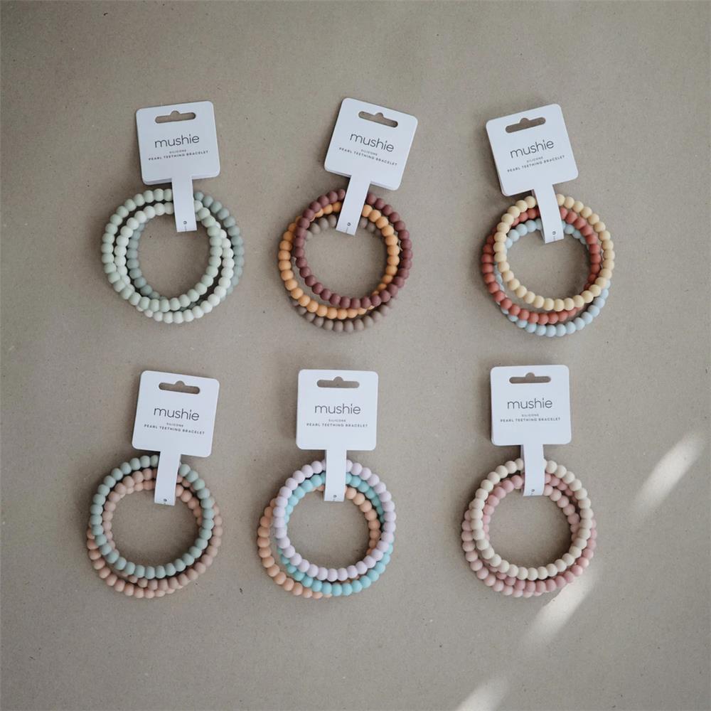 Mushie Beißring Perlen 3er Set, Berry/Marigold/Khaki, Armband aus Silikon, BPA-frei