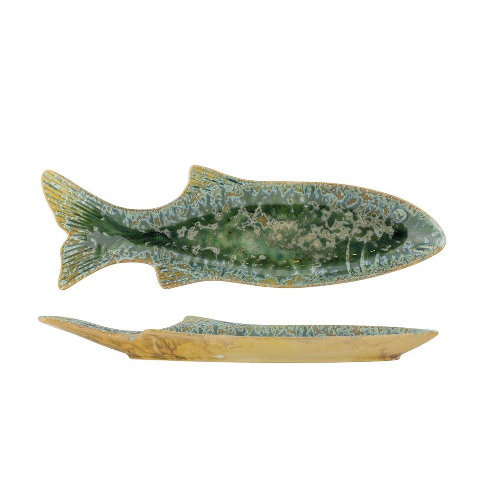 Bloomingville Hadden Servierplatte Grün Steingut Fischform mediterran 42cm