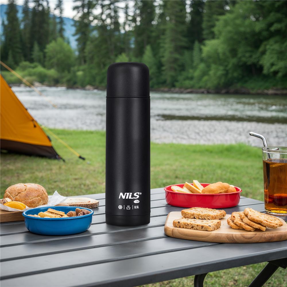 NILS CAMP Thermoskanne 0,5L Edelstahl schwarz isoliert für Camping Reisen Alltag