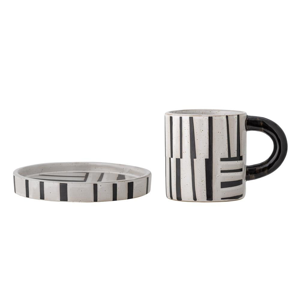 Bloomingville Frankie Tasse mit Untertasse Schwarz Steingut 2-teilig – grafisches Kaffee-Set