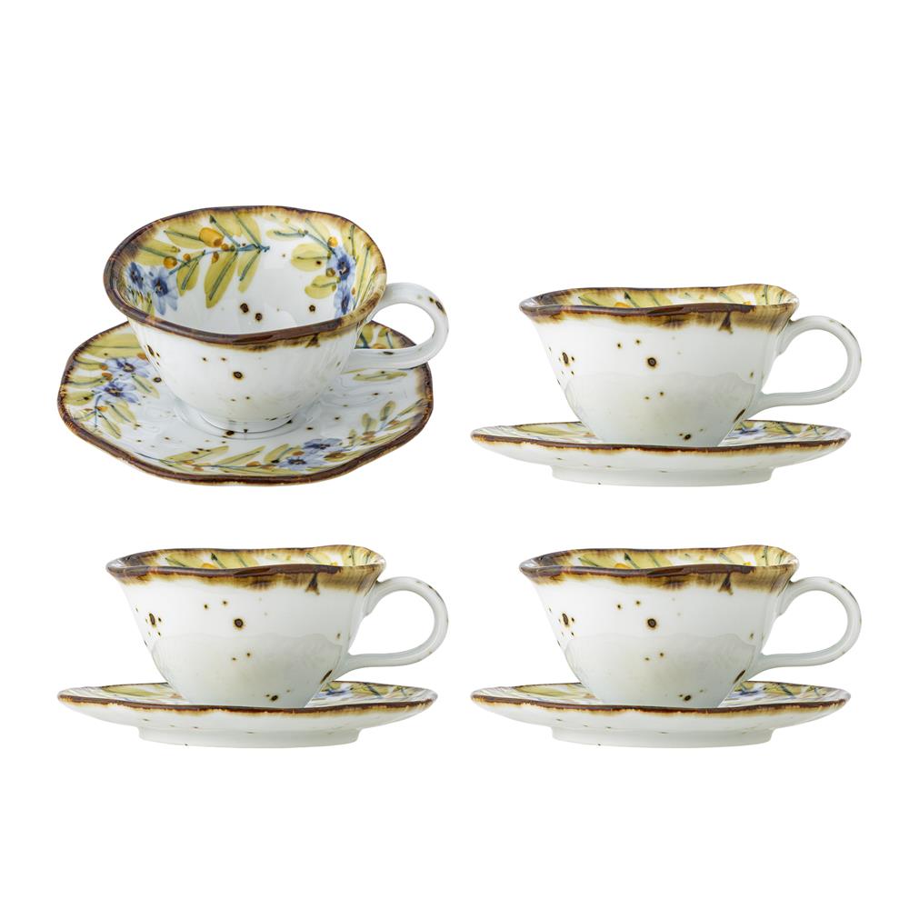 Bloomingville Savina Tasse 4er Set 219 ml bunt - Steingut Tassen mit Untertasse Blättermuster