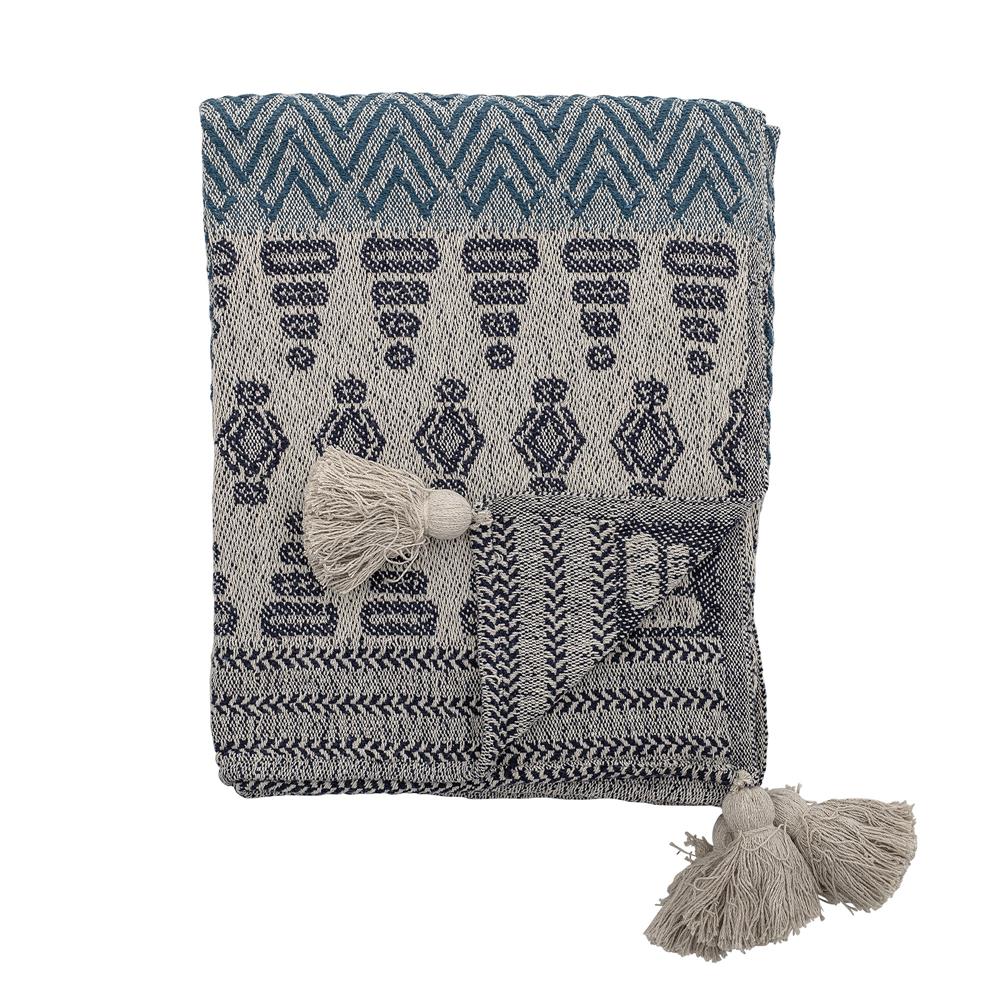 Bloomingville Decke Milas 160x130cm Blau Grau Baumwolle Quasten Tagesdecke Kuscheldecke Überwurf