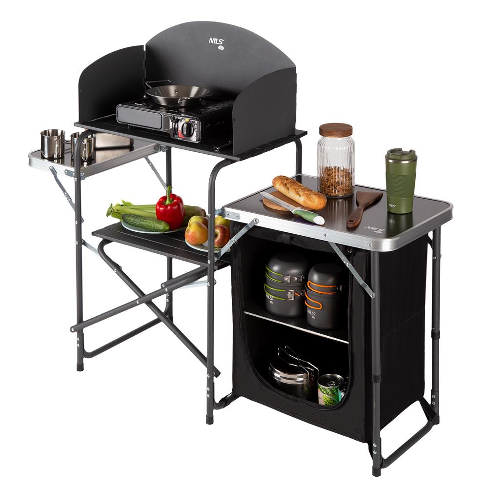 NILS CAMP Campingschrank mit Windschutz - klappbare Outdoor Küche mit Arbeitsflächen für Camping