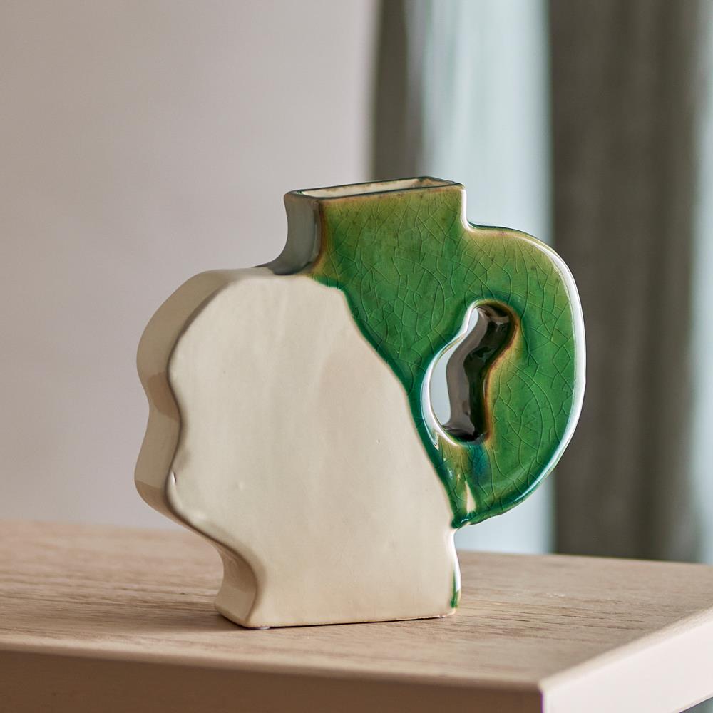 Bloomingville River Vase grün - Steingut Vase skulptural Gesicht Design für Wohnzimmer Deko