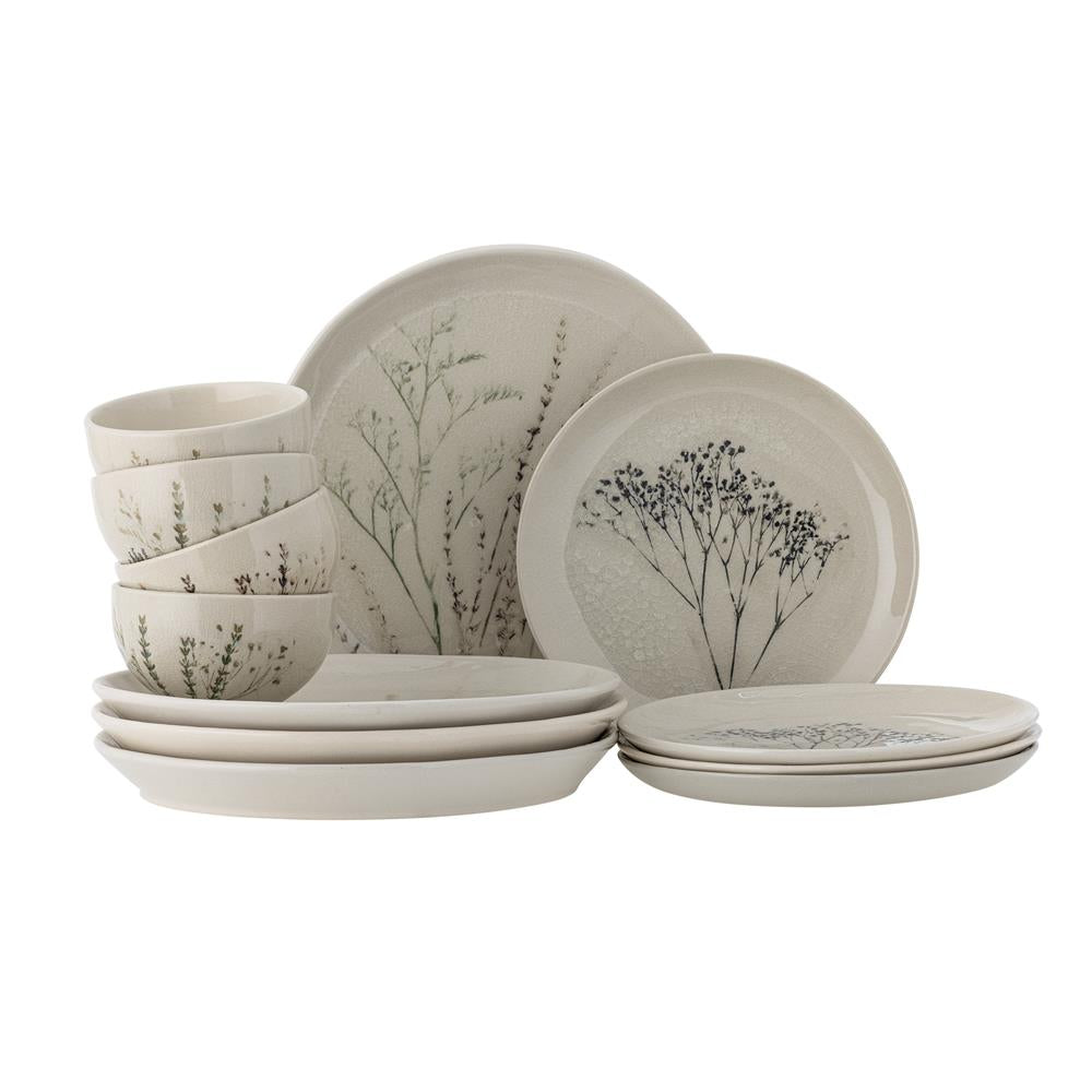 Bloomingville Bea Speise Geschirrset 12-tlg. Natur Steingut handbemalt mit Crackle-Glasur