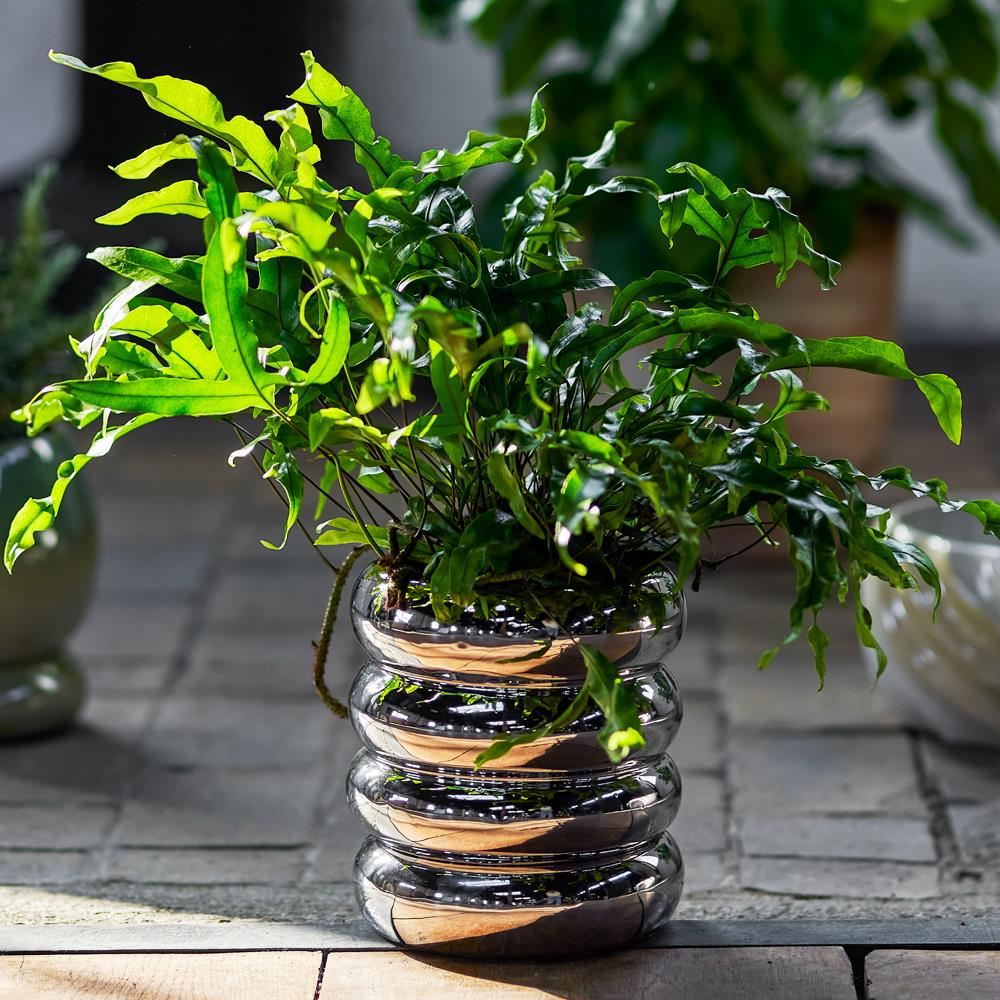 Bloomingville Shine Blumentopf silber - Steingut Pflanztopf mit Untersetzer modern für Wohnzimmer