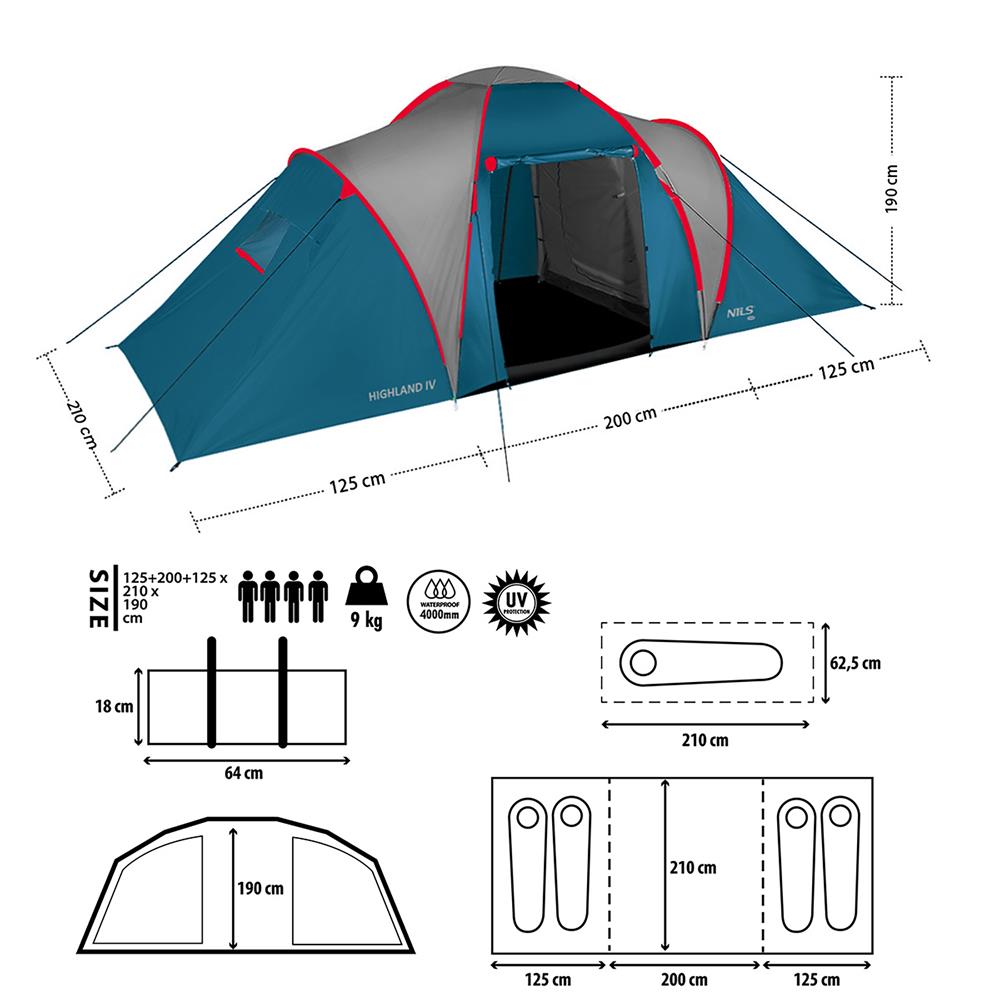 NILS CAMP Highland IV Zelt für 4 Personen Blau-Grau - großes Familienzelt mit Vorraum für Camping & Outdoor