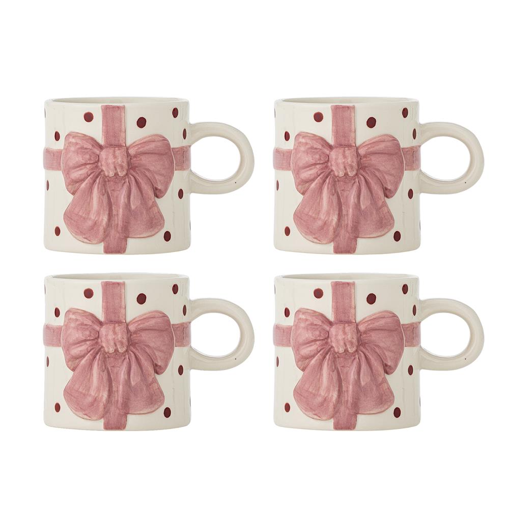 Bloomingville Bowie Tasse 4er Set 280 ml rosa Steingut mit Schleifenmotiv Kaffeebecher Weihnachten