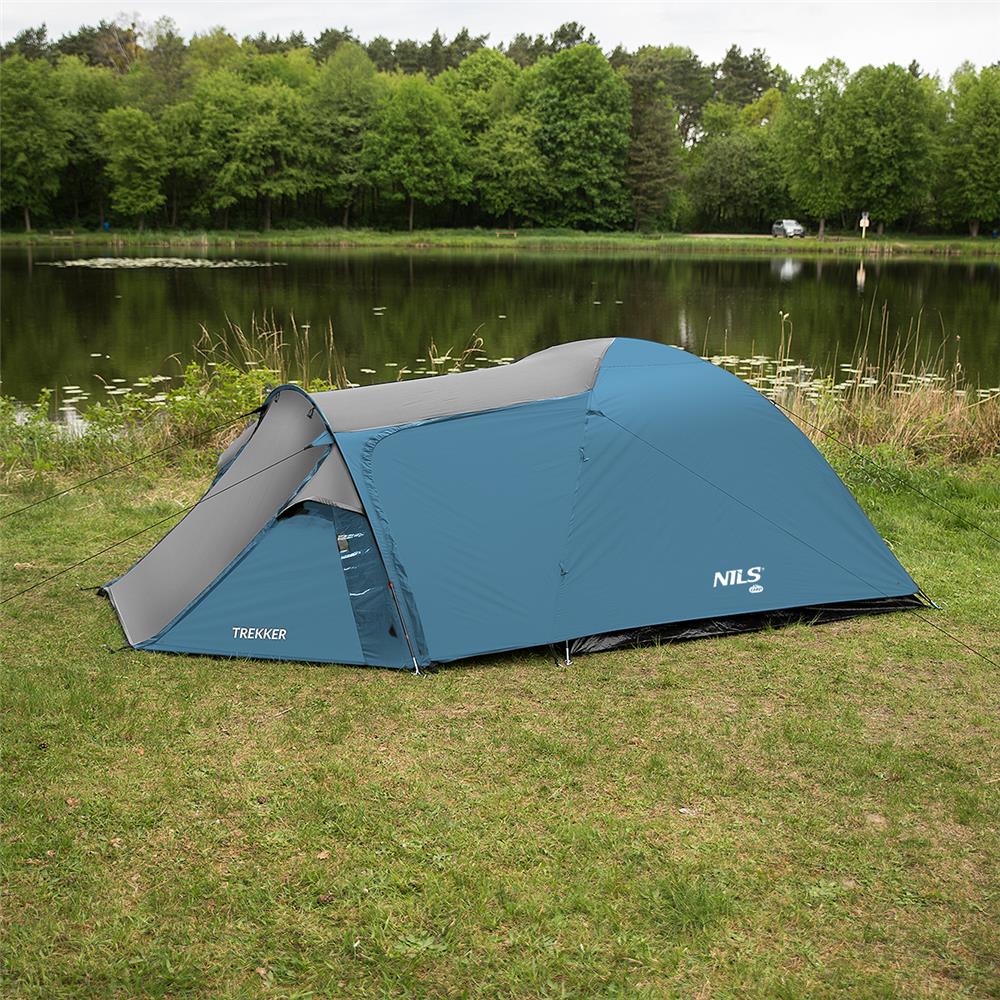 NILS CAMP Trekker Zelt für 4 Personen in Blau-Grau - Campingzelt mit Vorraum für Outdoor, Familie & Trekking