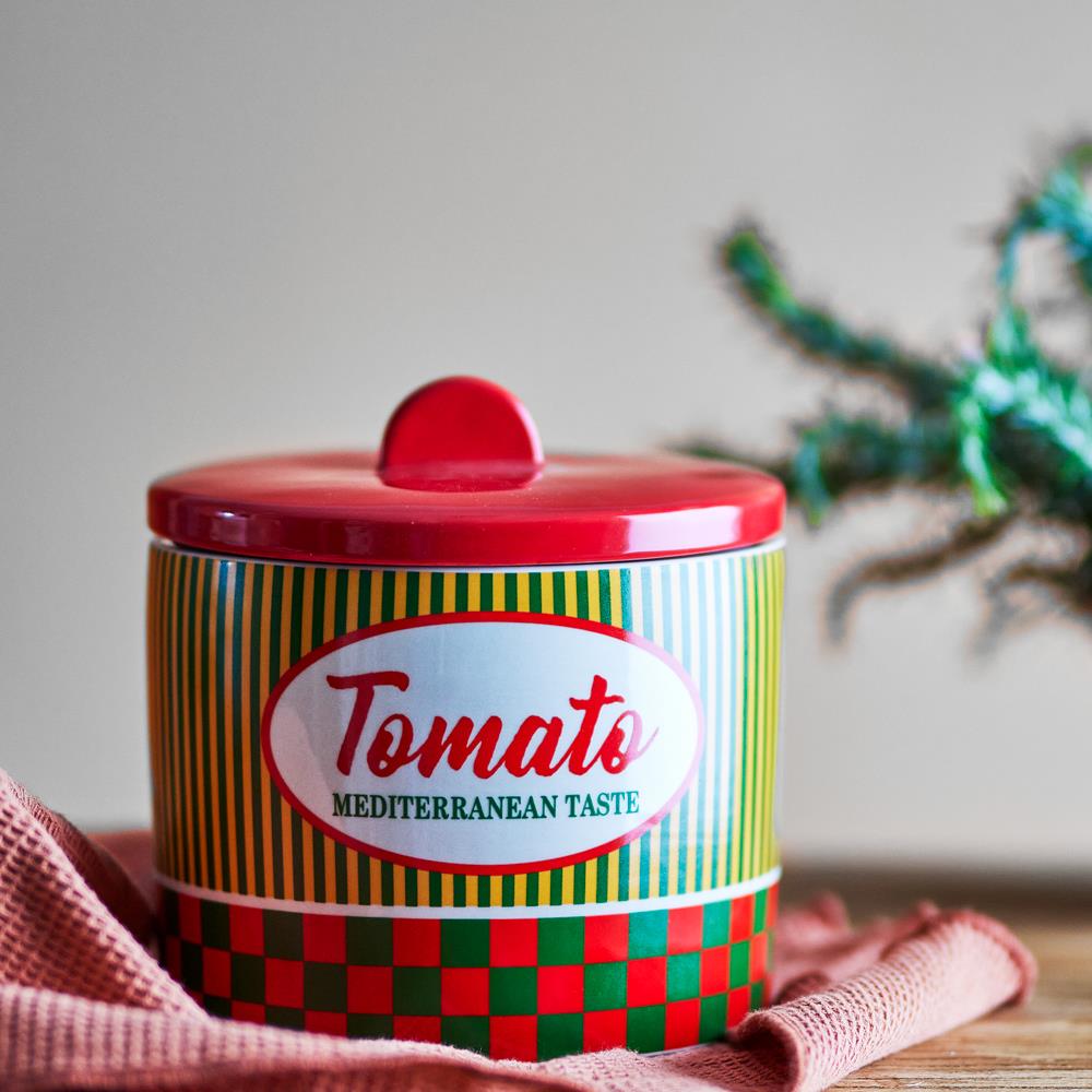 Bloomingville Stefano Gefäß mit Deckel 1800 ml bunt - Steingut Vorratsdose Tomato Design für Küche