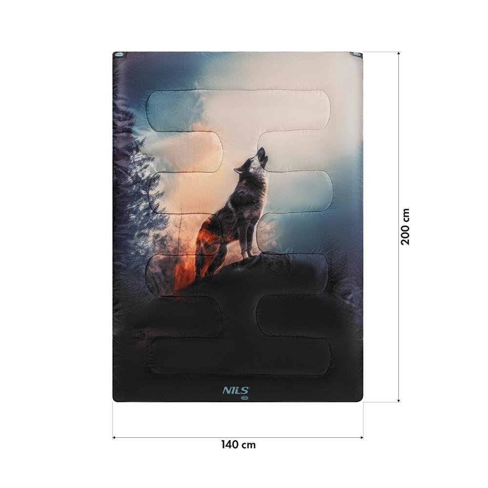 NILS CAMP Doppelschlafsack 3-in-1 mit Wolf-Motiv für Camping Reisen Outdoor warm