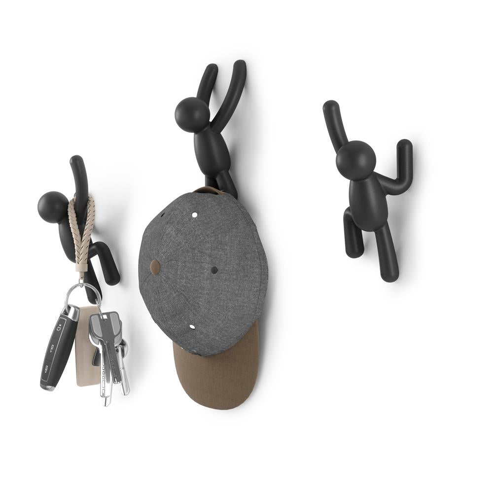 Umbra Buddy Haken 3er Set, Dekorative Wandhaken, Garderobenhaken in Schwarz