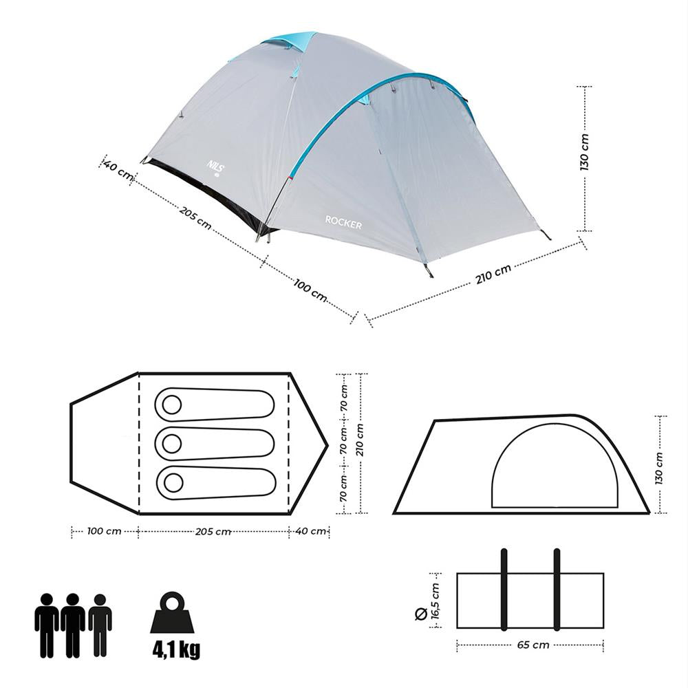 NILS CAMP Rocker Zelt für 3 Personen in Grau - Campingzelt mit Vorraum für Outdoor, Trekking & Camping
