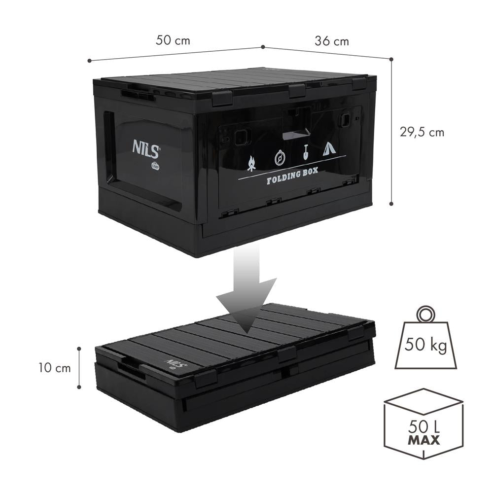 NILS CAMP faltbare Campingbox mit Tischfunktion 50L in Schwarz - stabile Reisebox