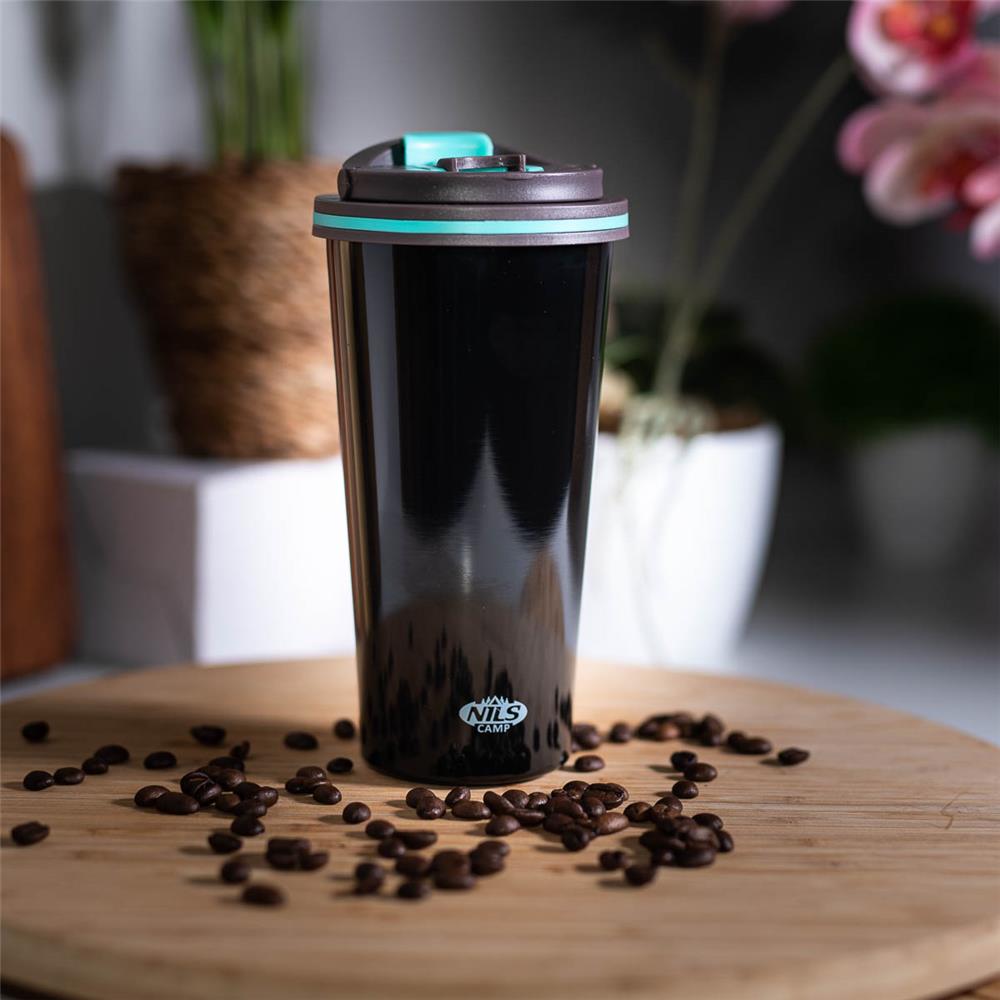 NILS Thermobecher 500 ml Edelstahl schwarz rutschfest mit Griff für Outdoor Alltag