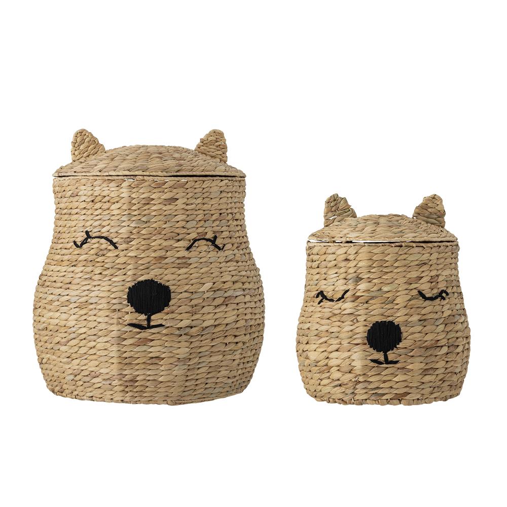Bloomingville MINI Berny Korb mit Deckel natur - 2er Set Aufbewahrungskorb Kinderzimmer Bär Deko