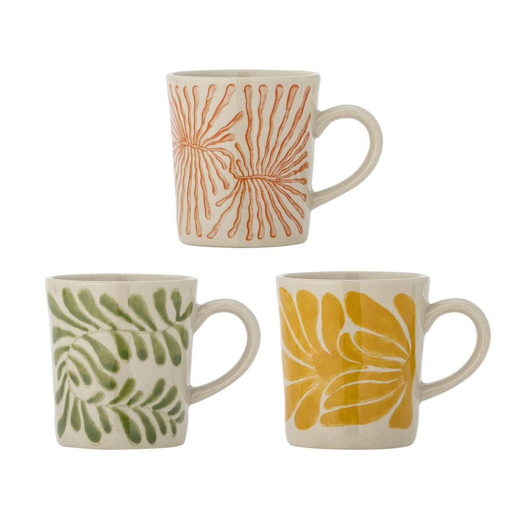 Bloomingville Fauni Tassen 3er Set, Bunt – handbemalte Becher aus Steingut