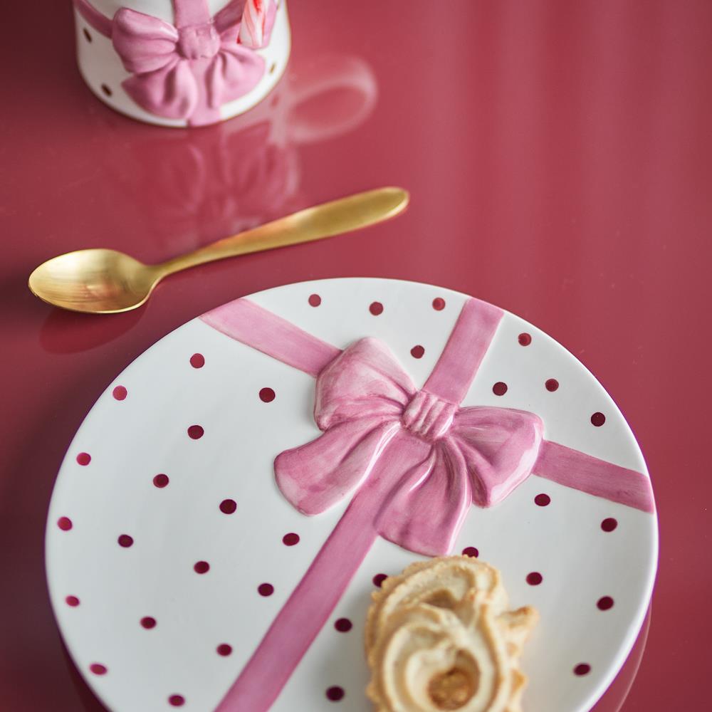 Bloomingville Bowie Teller 4er Set 20,5 cm rosa Steingut mit Schleifenmotiv Dessertteller Weihnachten