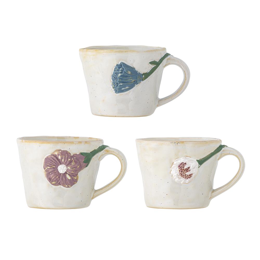 Bloomingville Loua Tasse grau aus Steingut – handbemaltes 3er Set für Kaffee & Tee in Küche