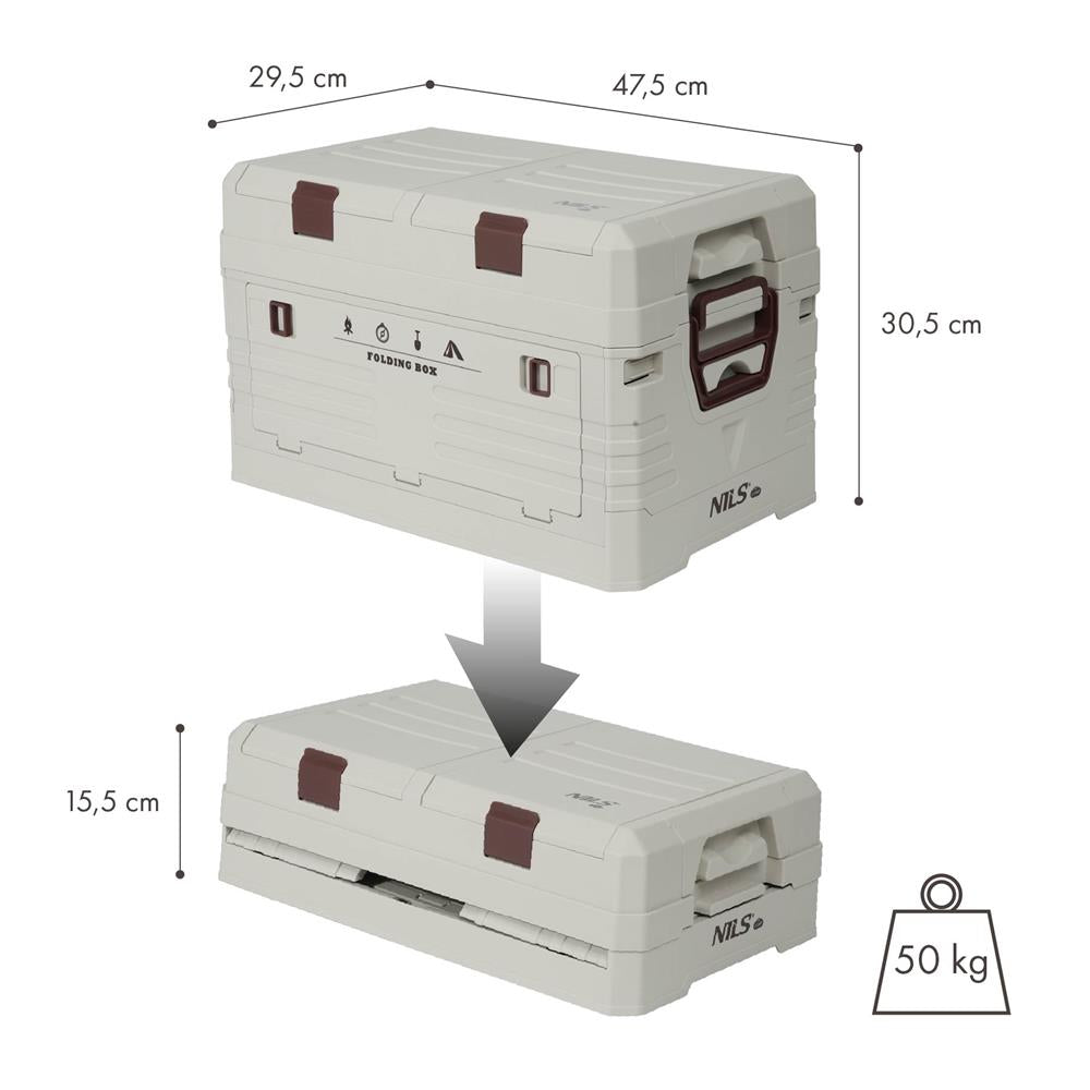 NILS CAMP faltbare Reisebox 42L in Beige - stapelbare Campingbox mit Organizerfächern