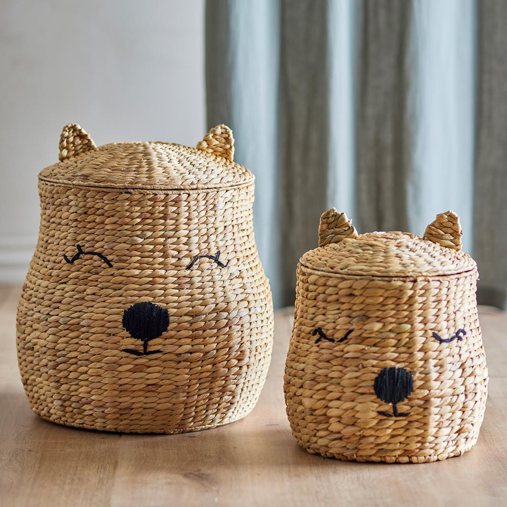 Bloomingville MINI Berny Korb mit Deckel natur - 2er Set Aufbewahrungskorb Kinderzimmer Bär Deko