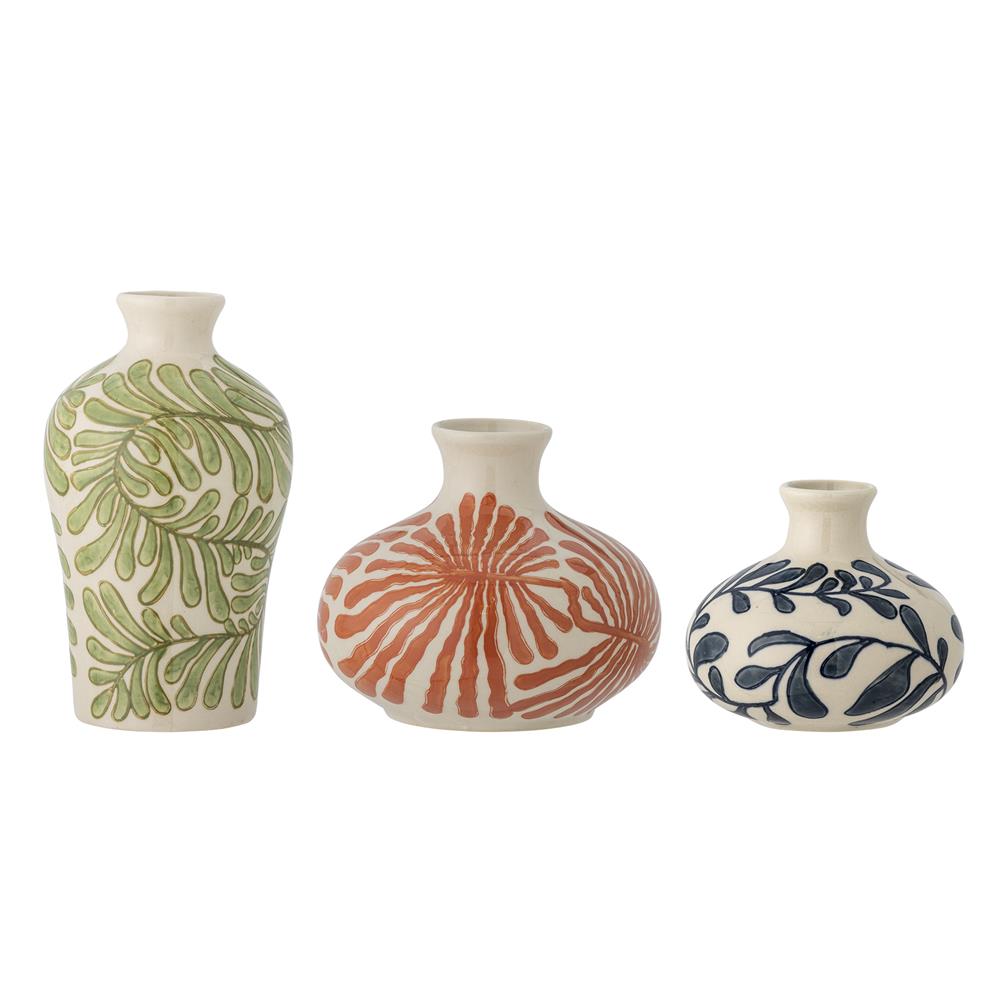 Bloomingville Fauni Vasen 3er Set aus Steingut, handbemalt, dekorative Designvasen mit Pflanzenmotiven