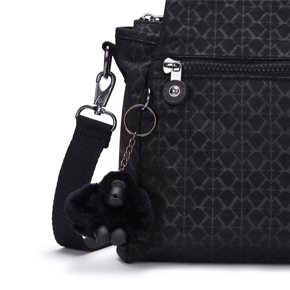 Kipling ELYSIA, mittelgroße Schultertasche, Signature Emb (schwarz), Umhängetasche mit vielen Fächern