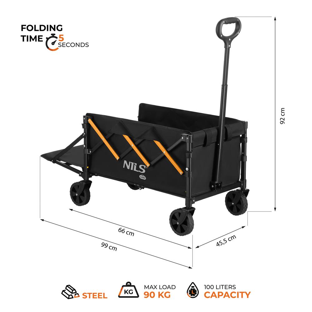 NILS CAMP Bollerwagen faltbar 100L in Schwarz Orange - kompakter Campingwagen für Strand & Outdoor