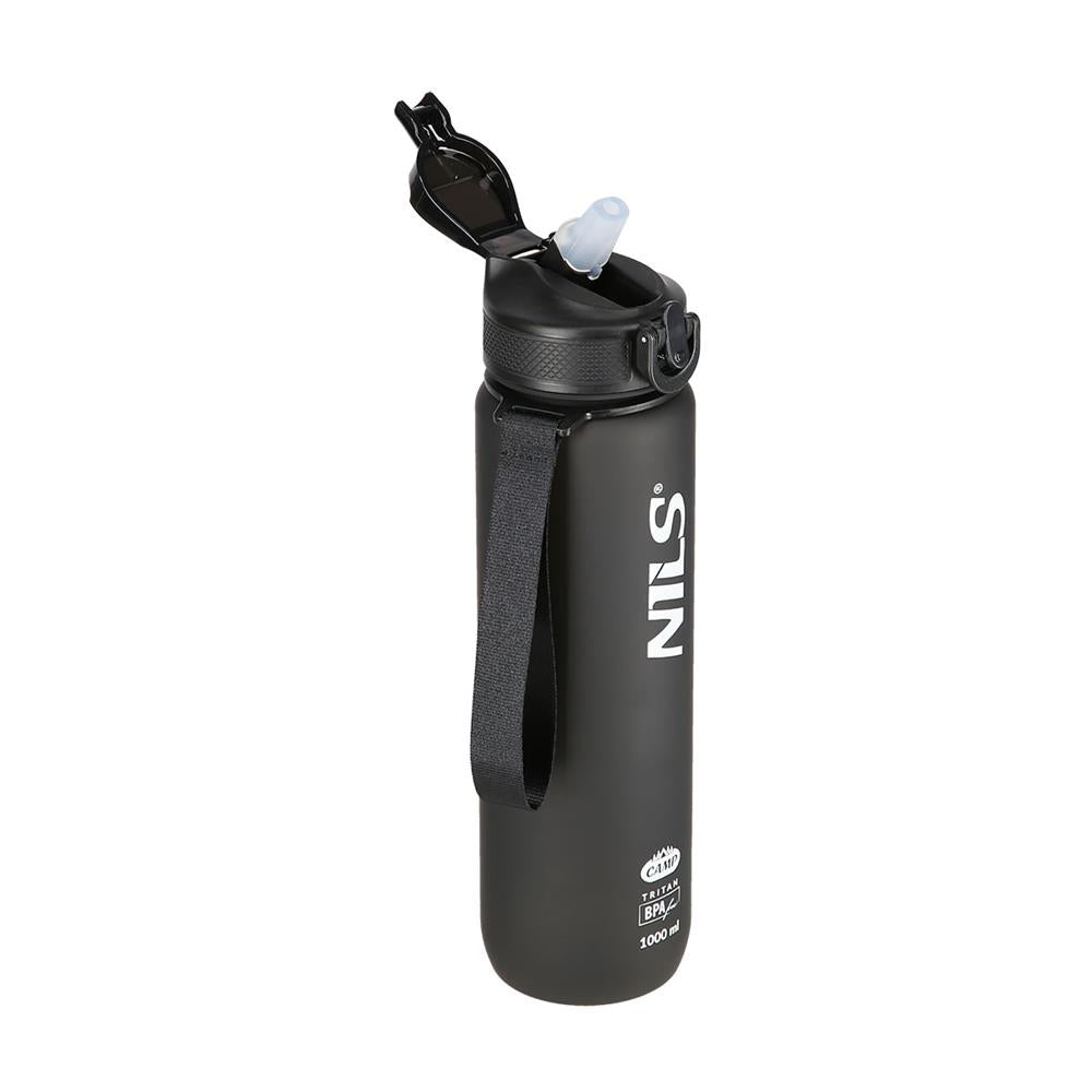 NILS CAMP Trinkflasche Tritan 1000 ml mit Strohhalm schwarz für Outdoor Sport Reisen