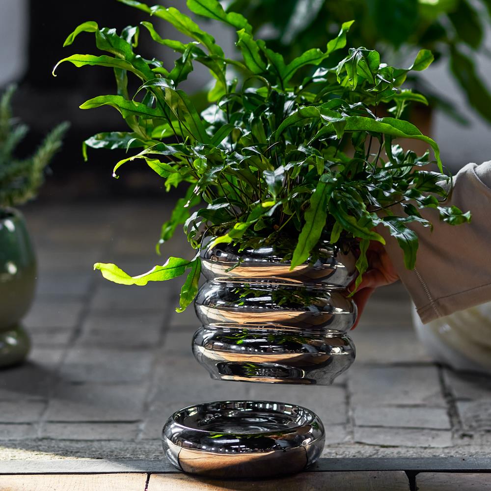 Bloomingville Shine Blumentopf silber - Steingut Pflanztopf mit Untersetzer modern für Wohnzimmer