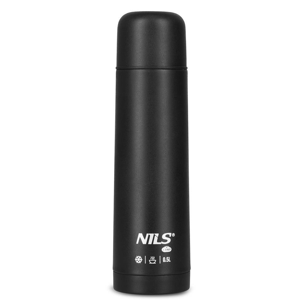 NILS CAMP Thermoskanne 0,5L Edelstahl schwarz isoliert für Camping Reisen Alltag