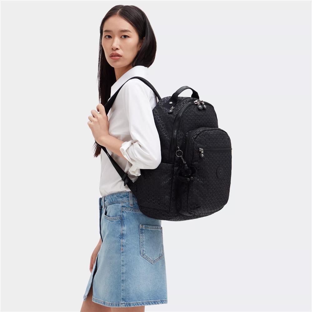 Kipling SEOUL, großer Rucksack, Signature Emb (schwarz), Laptoprucksack 15 Zoll mit viel Stauraum