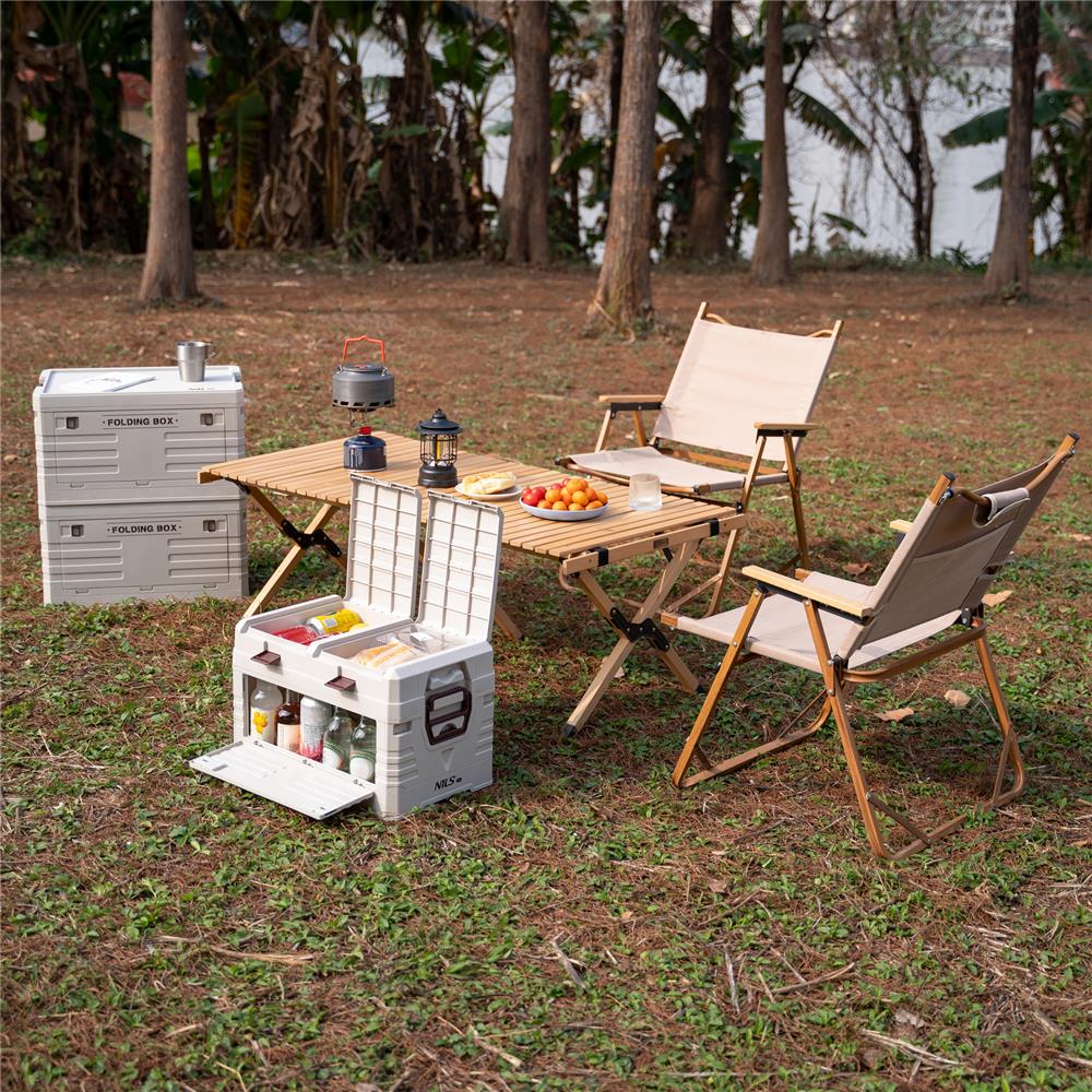 NILS CAMP faltbare Reisebox 42L in Beige - stapelbare Campingbox mit Organizerfächern