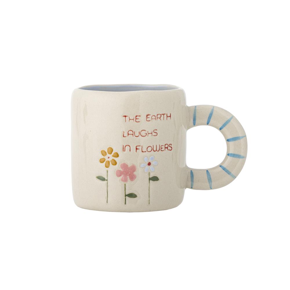 Bloomingville MINI Cloudy Tasse 225 ml Steingut, natur, Schriftzug "The earth laughs in flowers"